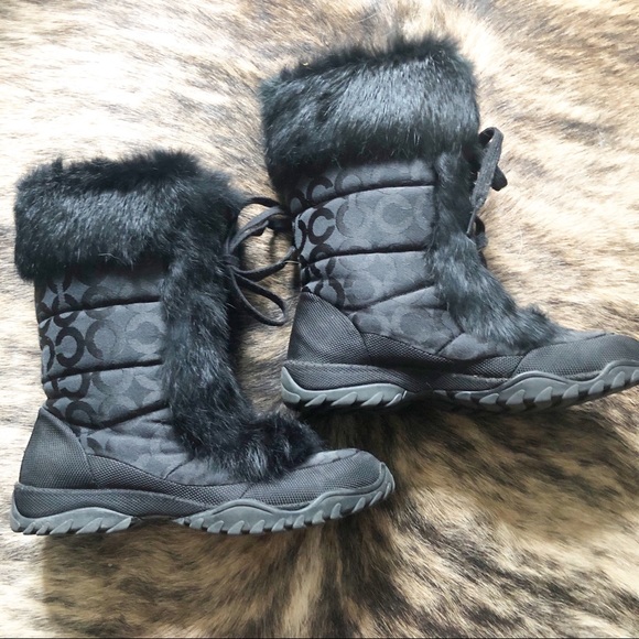 Coach Black Jennie Winter Boot Rabbit Fur Trim - Picture 1 of 6